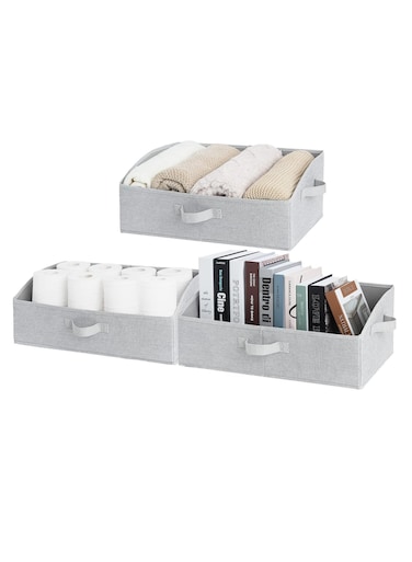 Storage Bins with Handles, Foldable Organizer Baskets for Clothes, Durable Polyester Canvas, Jumbo Size, Set of 3, Light Grey