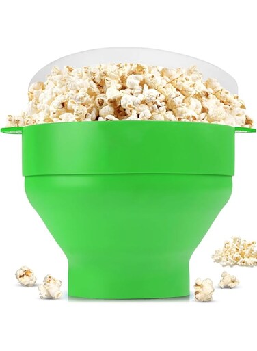 WREAGD Silicone Collapsible Microwave Popcorn Maker Bowl with Lid for Home (Green,15 x 12.7cm)