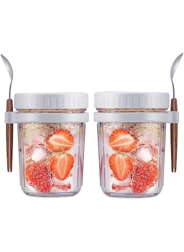 Overnight Oats Containers with Lid and Spoon Set of 2, Overnight Oats Jars 12 oz Large Capacity Airtight Oatmeal Container with Measurement Marks, (Whitex2)