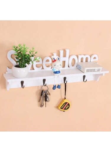 Key Holder White Sweet Home Key Hooks with Shelf Wooden Hanging Coat Key Holder Floating Shelves Home Office Wall Decoration