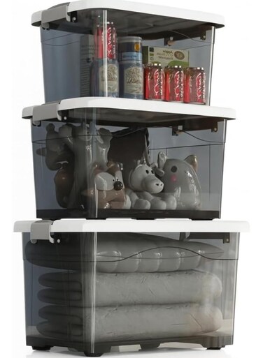 Storage Boxes Multi-Size Transparent Storage Box with Lid &amp; Wheels &acirc;&euro;&ldquo; Stackable Organizer Bin with Front &amp; Top Opening &acirc;&euro;&ldquo; Plastic Storage Container for Clothes, Toys, Pantry &amp; Home Use