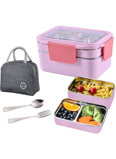 Bento Box, Lunch Box, 2 Tier Stainless Steel Bento Lunch Box with 3 Compartments and Cutlery (Spoon &amp; Fork) for Kids and Adults, Leakproof   BFA Free   Allow Dishwasher 1000ml (Pink)