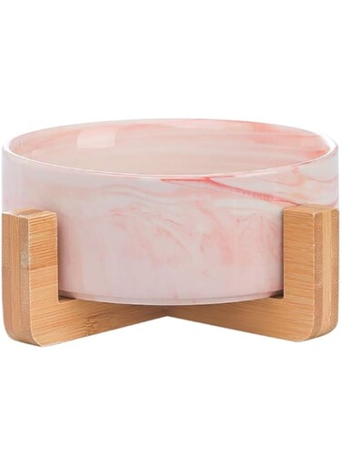 HCHLQLZ Pink Marble Pet Bowls for Dogs and Cats, Ceramic Bowls, Bamboo Stand, Dishwasher Safe and Easy to Clean