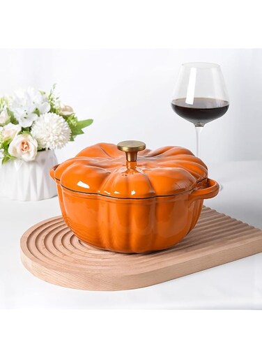 SPNOR Stockpot with Lid, Enameled Cast Iron Dutch Oven, 1.5L Pot with Lid Two Handles, 16cm Heavy-Duty Cookware for Braising, Stews, Roasting, Bread Baking, Orange pumpkin