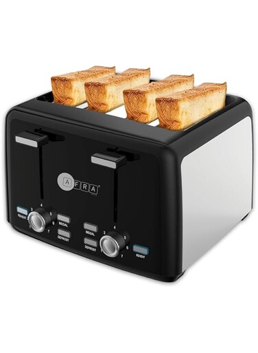 AFRA Electric Breakfast Toaster, 1600W, 4 Slots, Removable Crumb Tray, Matte Black Finish, Browning, Reheat, Defrost, AF-24700TOBL, 2 years warranty