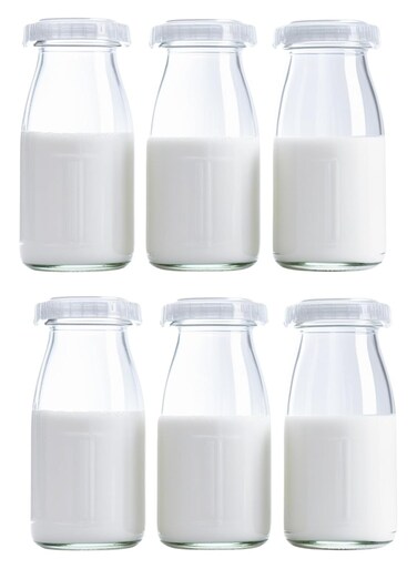 200ml Glass Milk Bottle with White Lids, Reusable Juice Bottles, Dairy Drinking Containers, Small Glass Bottles for Milk, Juice, Yogurt, Smoothies, Honey, Tomato Sauce, Jam, Syrup (Pack of 6)