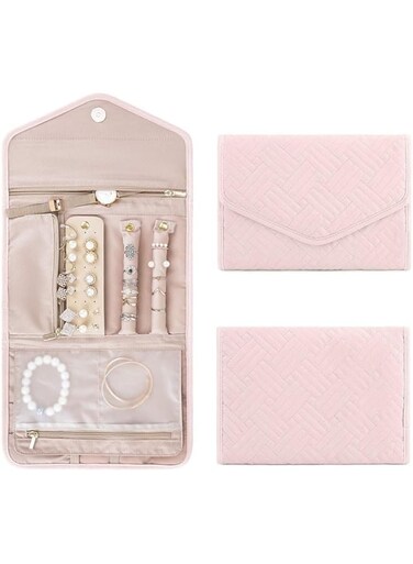 Jewellery Organizer Roll, Travel Jewellery Organiser Bag, Foldable Jewelry Storage Roll Portable Jewel Bag Case Large Capacity Jewellery Pouch for Rings Necklaces Bracelets Earrings (One size, Pink)
