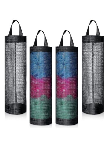 TERRIFI Plastic Bag Holder, Trash Bags Holder, Hanging Folding Mesh Garbage Bag Organizer, Recycling Grocery Bag Storage Container, Hanging Shopping Bag Holder for Home and Kitchen 4 Packs