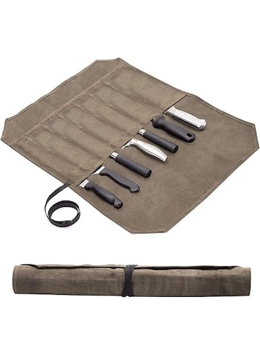 Canvas Chef Knife Roll Bag Heavy Duty Storage Knife Cutlery Tool Case with 7Slots Wrapping Strap