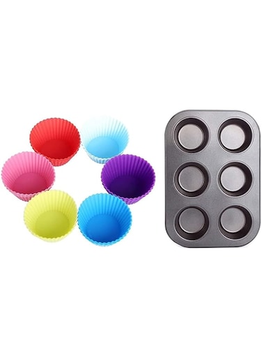ECVV 6 Slot Muffins Tray with 6 Pcs Paper Cake Cup Liners   Cupcake Cases   Round Shape Baking Cups   Reusable Silicone   for Handmade Soap, Biscuit Chocolate   Random Color