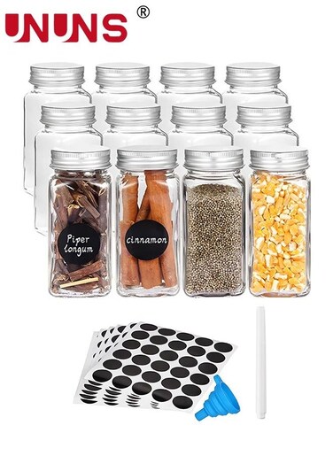 12-Piece Glass Spice Jars Set,120ml Spice Containers Airtight Metal Caps,Seasoning Storage Bottles With Spice Labels,Silicone Collapsible Funnel,Sponge Brush And Whiteboard Pen