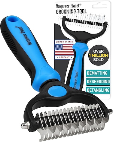 Planet Pet Grooming Brush - Double Sided Shedding and Dematting Undercoat Rake Comb for Dogs and Cats,Extra Wide, Blue, Dog Grooming Brush, Dog Shedding Brush
