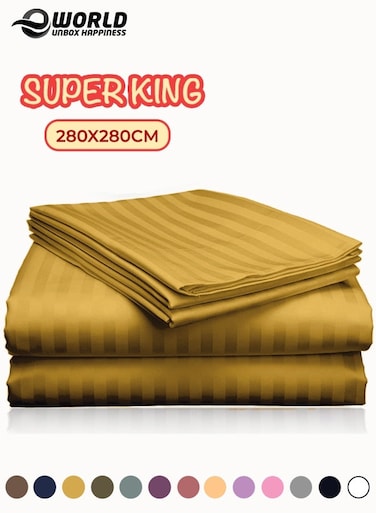 3 Piece Super King Gold Striped Bed Sheet Set &acirc;&euro;&ldquo; Ultra-Soft Microfiber Striped Sheet &amp; 2 Pillowcases, Breathable Luxury Bedding for Home &amp; Hotel Use