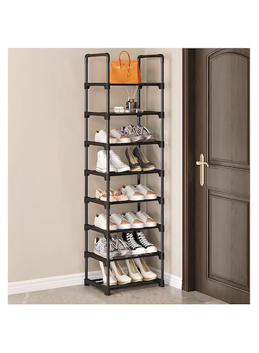 Strayelf 8 Tiers Tall Shoe Rack,16 Pairs Boots Organizer Storage,Sturdy Narrow Shoe Shelf for Entryway, Closets, Black