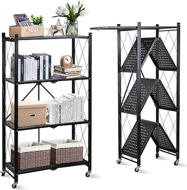 Foldable Storage Organizer 4 Tier, Storage Shelves Kitchen Cabinet Storage Rack, Shelf Storage Multipurpose Rack for Living Room Bedroom Kitchen Garage Black