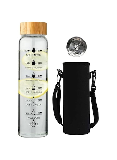 Tazweeq 32oz Glass Water Bottle with Time Marks, Leakproof with Bamboo Lid &amp; Holder Sleeves, Time Marker, Perfect for Hot &amp; Cold Drinks, Hit Your Daily Hydration Goal with Style