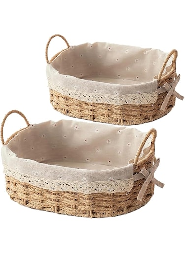LQZHBDWZ 2-Pack Oval Woven Home Storage Baskets with Washable Liner, Paper Rope Storage Baskets Straw Rattan Basket for Organizing with Handle, Cosmetic Storage Box