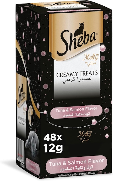 Sheba Cat Food, Melty Tuna &amp; Salmon Flavor Cat Food Wet Creamy Treats, Premium Indulgence, Fed by Hand for a Special Moment so Your Cat Can Find Relish with This Sheba Wet Food Treat, Pack of 48x12g