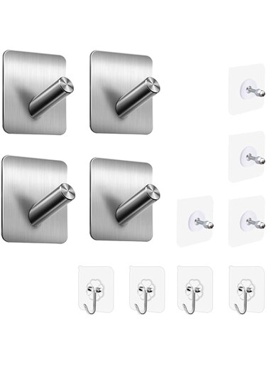 VIXEL 12pcs Pack of Self Adhesive Stainless Steel Heavy Duty Wall Hooks for Hanging Towels, Robes, Hats, Bags, Keys, and Other Items (Style3)