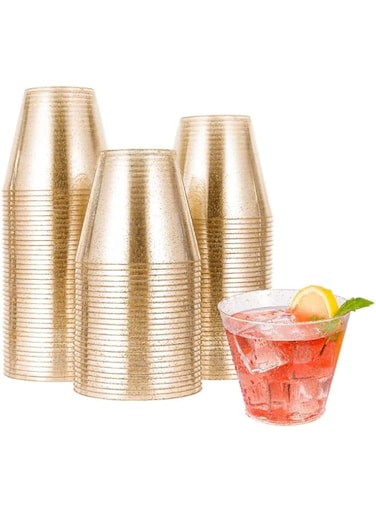 neotimely 25 Pcs Gold Plastic Cups, Disposable Gold Glitter Plastic Cups, Clear Plastic Cups Tumblers, Wedding, Thanksgiving Party Cups, Plastic Drinking Cups for Iced Coffee, Cold Beverage (9 OZ)
