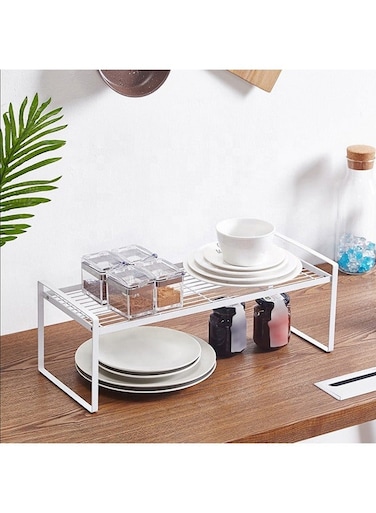 STORE Cabinet Shelf Countertop Organizer For Kitchen Cupboard Space Saving Storage Metal Holders Organizer For Plates Dinnerware Cups And Foods Small Size White Colour