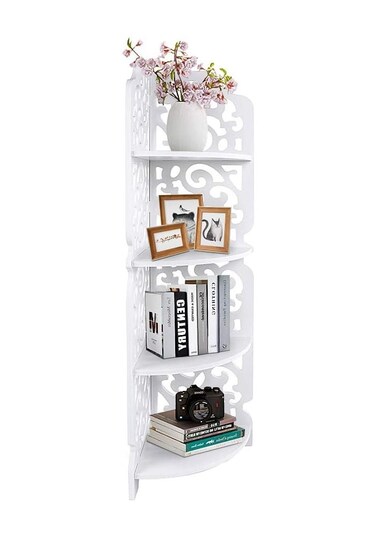 Greensen White Corner Shelf with 4 Shelves - Carved Hollow Design for Living Room and Bathroom