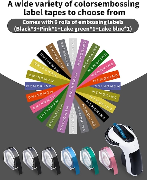 Memoking Embossing Label Maker Machine-E975 3D Embossed Label Maker with 6 Rolls Emboss Tapes, Handheld Embosser Labelling Machine, Lettering Label Maker Embossing for Home, Office and DIY (Black)
