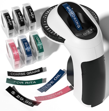 Memoking Embossing Label Maker Machine-E975 3D Embossed Label Maker with 6 Rolls Emboss Tapes, Handheld Embosser Labelling Machine, Lettering Label Maker Embossing for Home, Office and DIY (Black)
