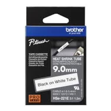 Brother HSe-221E Heat Shrink Tube Cassette 9 mm &ndash; Black on White, Durable Cable &amp; Wire Labelling