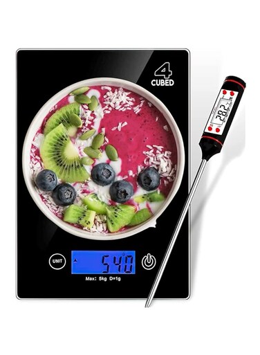 4Cubed Digital Kitchen Food Scale with Meat Thermometer [High Accuracy Food Scale] &ndash; Black Scale with Tempered Glass Finish &ndash; Weighs in Grams &amp; Oz &ndash; Instant Read Digital Kitchen Scale &amp; Thermometer
