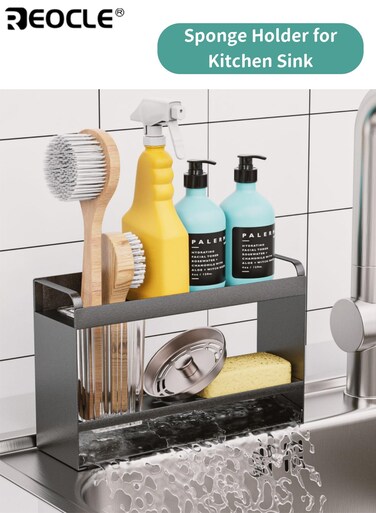 2-Tier Sponge Holder for Kitchen Sink Rustproof Sink Organizer with Chopstick Holder Auto-Draining Sink Caddy for Dish Soap Brush Scrubber Ideal for Kitchen Sink Storage