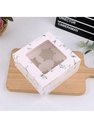 12-Piece 4-Cavities Kraft Paper Cupcake Box With Inserts Marble/Clear 16cm