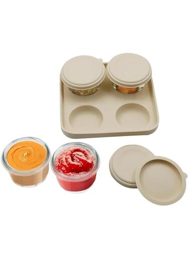 4 Pack Salad Dressing Container To Go, 4.5 Oz Glass Condiment Containers With Leakproof Silicone Lids, Reusable Dipping Sauce Cups Set,BPA-Free Salad Dressing Container for Work Trip (Beige)