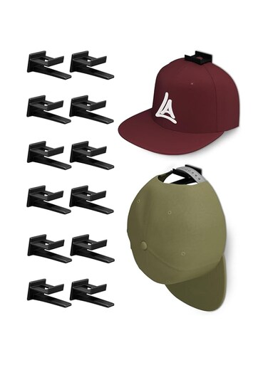 Khazna Adhesive Hat Hooks for Wall (12 Pack) Minimalist Hat Rack Design, No Drilling, Strong Hold Hat Hangers for Room &amp; Mancave, No Drilling, USA Patent Pending (Black)