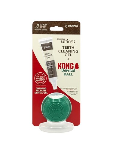 TropiClean Enticers Kong Dental Ball Kit for Large Dogs   Teeth Cleaning Gel   Smoked Beef Brisket Flavor   1 oz.