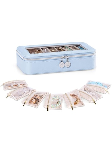 Lolalet 8 in 1 Travel Jewelry Case with Velvet Pouches, Clear Window Travel Jewelry Organizer Bags for Earrings, Bracelets, Necklaces and Rings, Compact Jewelry Storage for Women Girls -Blue, 7PCS