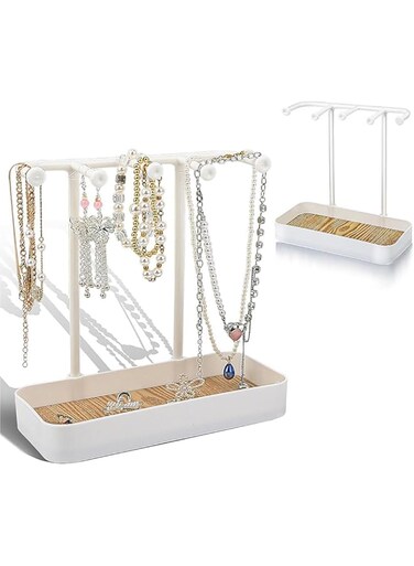 Goodern Jewelry Organizer Stand,Necklaces Holder with Wooden Tray,5 Hooks Necklace Display Stand,Desktop Jewelry Storage Rack Organizer for Necklace,Bracelets,Earrings,Ring,Keys,Watches,White