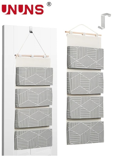 Over Door Hanging Storage Bags,Wall Mount Closet Organizer,4 Big Pockets Linen Cotton Fabric Hanging Shelves,Multi-Functional Organizer For Living Room Bedroom Bathroom File Magazine,Grey 80x30cm