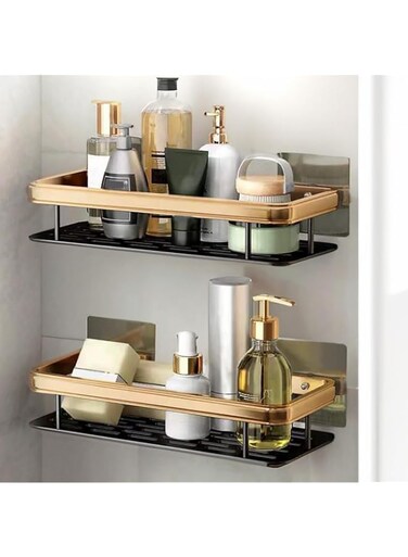 YumLock Stainless Steel Shower Caddy Organizer 2-Pack - Adhesive, No Drill Bathroom Shelves for Storage, Rustproof, Quick Drain Design, Space-Saving Bath &amp; Kitchen Accessory, Black Gold
