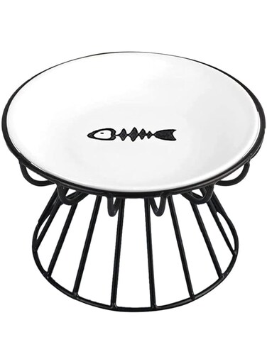 ALEYHA 2023 New Whisker-Friendly Anti-Vomit Cat Plate, Elevated Bowl-Raised Ceramic Cat Bowl with Metal Stand, Food &amp; Water Anti Vomiting Shallow Ceramic Dish for Cat and Small Dogs