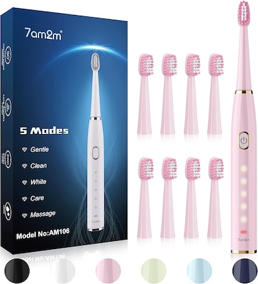 7AM2M Sonic Electric Toothbrush for Adults and Kids- High Power Rechargeable Toothbrushes with 8 Brush Heads,5 Adjustable Modes, Built-in 2-Minute Smart Timer,4 Hours Fast Charge for 30 Days (Pink)
