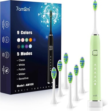 7AM2M Sonic Electric Toothbrush with 6 Brush Heads for Adults and Kids, One Charge for 120 Days, Wireless Fast Charge, 5 Modes with 2 Minutes Built in Smart Timer, Electric Toothbrushes (Light Green)
