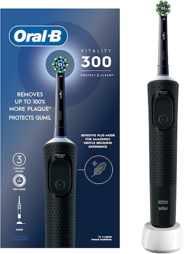 Oral B Vitality 300 Rechargeable Toothbrush with CrossAction Brush Head, 3 Cleaning Modes &amp; 2 Minutes Built-in Timer D103.413.3 Black