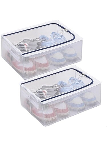 Stackable Storage Bins with Clear Lids, Underbed Shoes Container with Handle &amp; Zippers, Foldable Fabric Shoes Storage Organizer with Clear Cover and Stainless Steel Bracket for Shoes (2PCS)