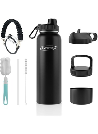 ELYSTRIA Stainless Steel Water Bottle, 40 oz. Insulated Wide Mouth, Double Walled Vacuum Flask, BPA-Free, and Leak Proof. It includes 3 lids, 2 brushes, straw, paracord handle, and silicone bottom.