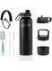 ELYSTRIA Stainless Steel Water Bottle, 40 oz. Insulated Wide Mouth, Double Walled Vacuum Flask, BPA-Free, and Leak Proof. It includes 3 lids, 2 brushes, straw, paracord handle, and silicone bottom.