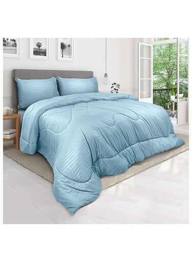 Linen Klub Down Alternative Comforter Set -Ultra Soft Brushed Stripe Microfiber Fabric, 200GSM Soft Fibersheet Filling, Size :Single 160 x 200cm , Color: Aqua