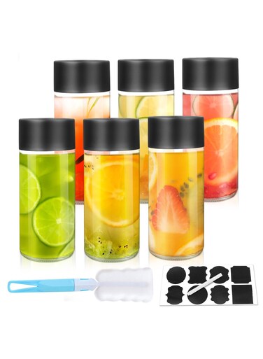 6Pack 8oz Glass Juice Bottles with Black Lids &acirc;&euro;&ldquo; 250ml Reusable Drink Bottles for Water, Smoothies, Beverages &acirc;&euro;&ldquo; Includes Cleaning Brush &amp; Labels