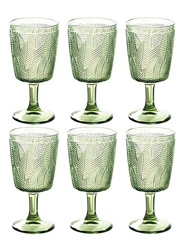 Vintage Stained Glass Goblet ,Embossed Leaf Pattern Green Tall Glasses ,Suitable for weddings, parties, family,Beverage Juice Mug, 11 oz*6PCS