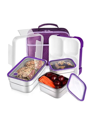 Stainless Steel Lunch Box for Kid School, Insulated Bento Lunch Box with Bag, 3 Compartment Divided Lunch Containers with Lids, Leakproof, BFA Free, Dishwasher Safe, 1260ML Purple